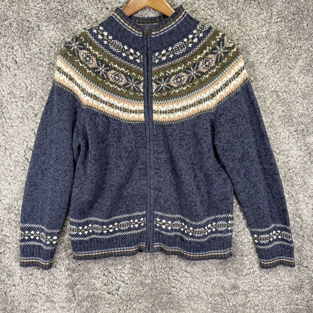 Vintage Tiara International Fair Isle Cardigan Sweater Full Zip Blue M Granola